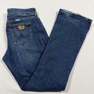 Wrangler Premium Patch Bootcut Jeans Womens 11/12x34 Dark Wash Low Rise Frayed